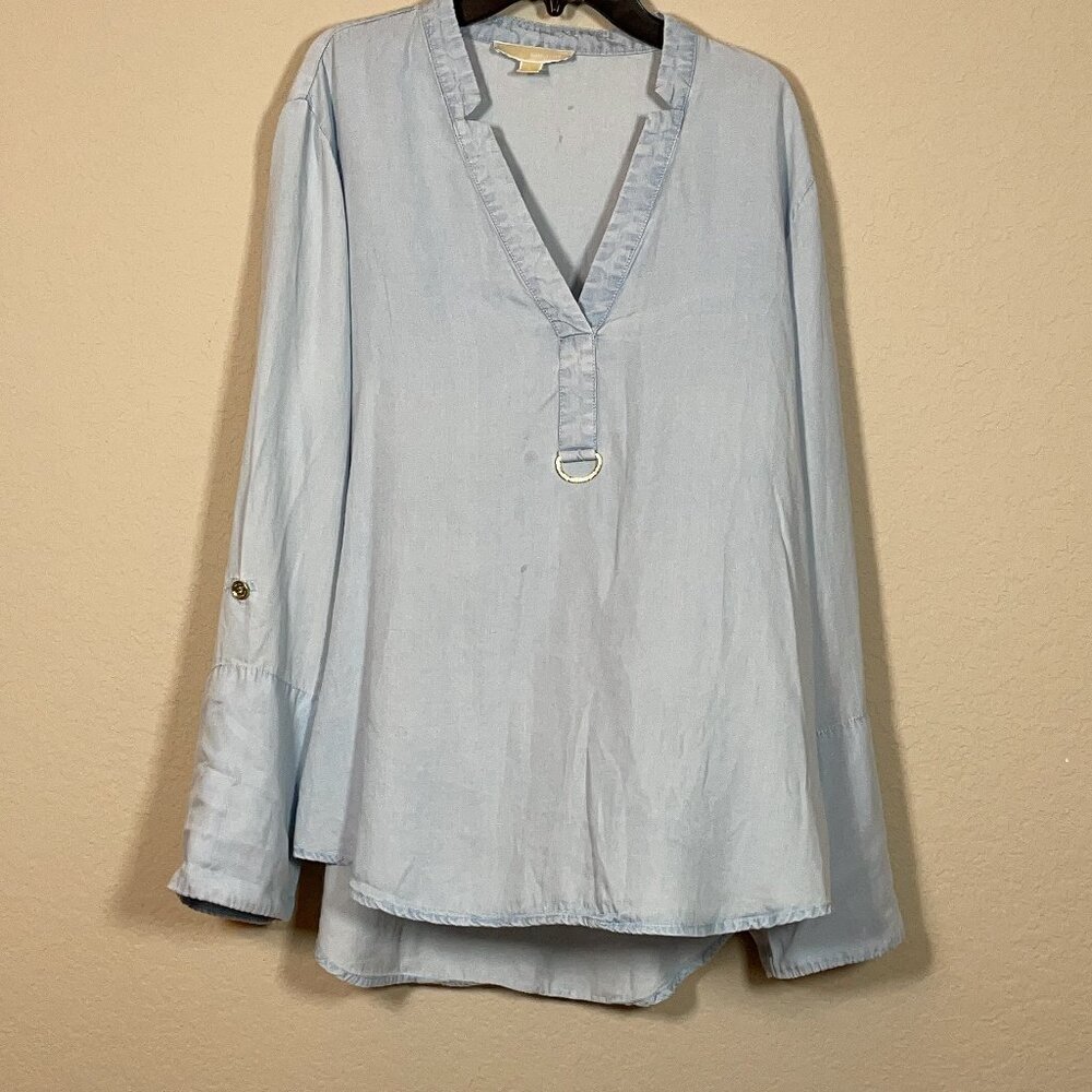 MICHAEL Michael Kors Deep-V Light Blue Layered Lightweight Blouse, L